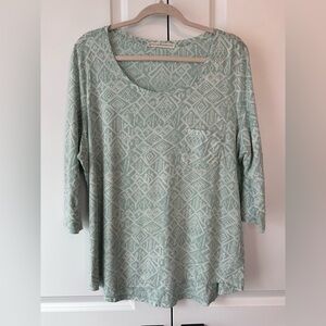 Peruvian Connection Women’s Aztec Geometric 3/4 Sleeve Shirt Teal/Cream (Size L)